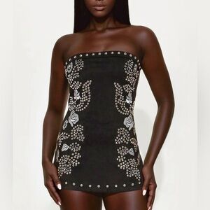 Fashion Nova Studded Western Bohemian Rose Embroidered Romper Mini Dress NWT
